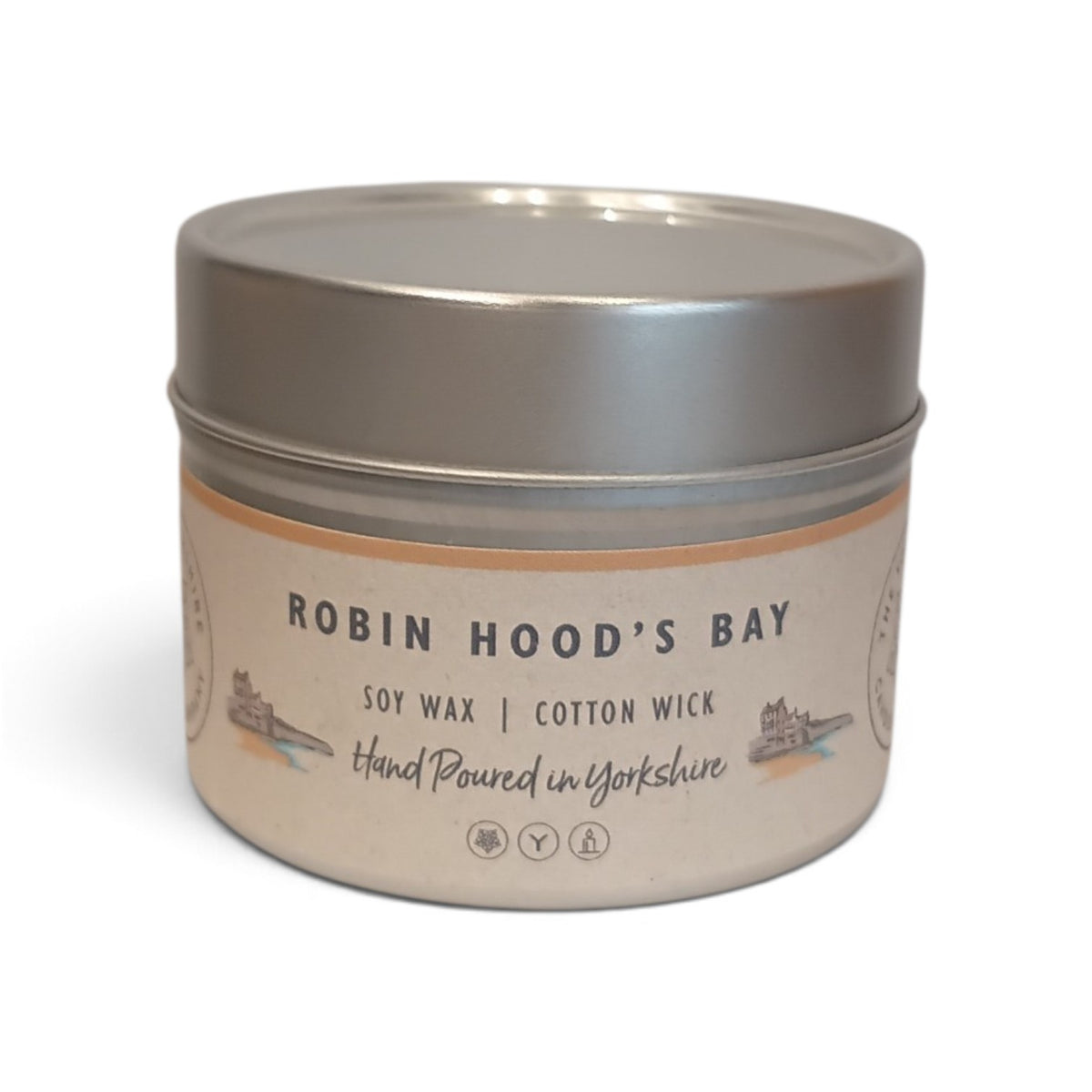 Whitby Hampers Robin Hood's Bay soy wax candle in a silver metal tin, hand-poured in Yorkshire with a cotton wick.