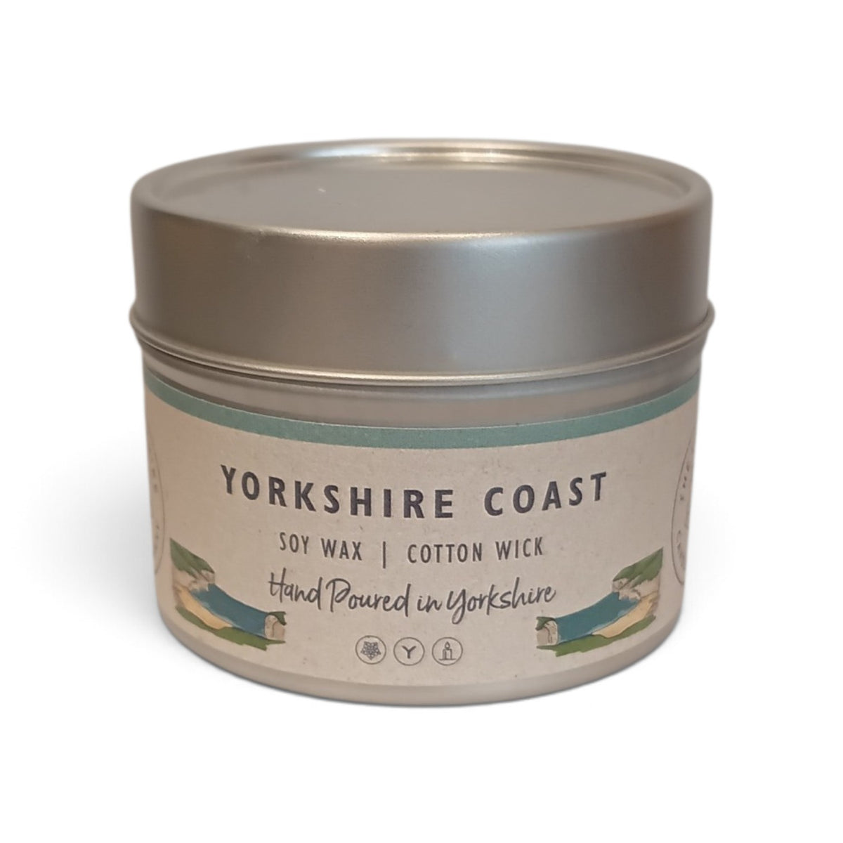 Whitby Hampers Yorkshire Coast hand-poured soy wax candle in a reusable silver-toned tin with a coastal label design.