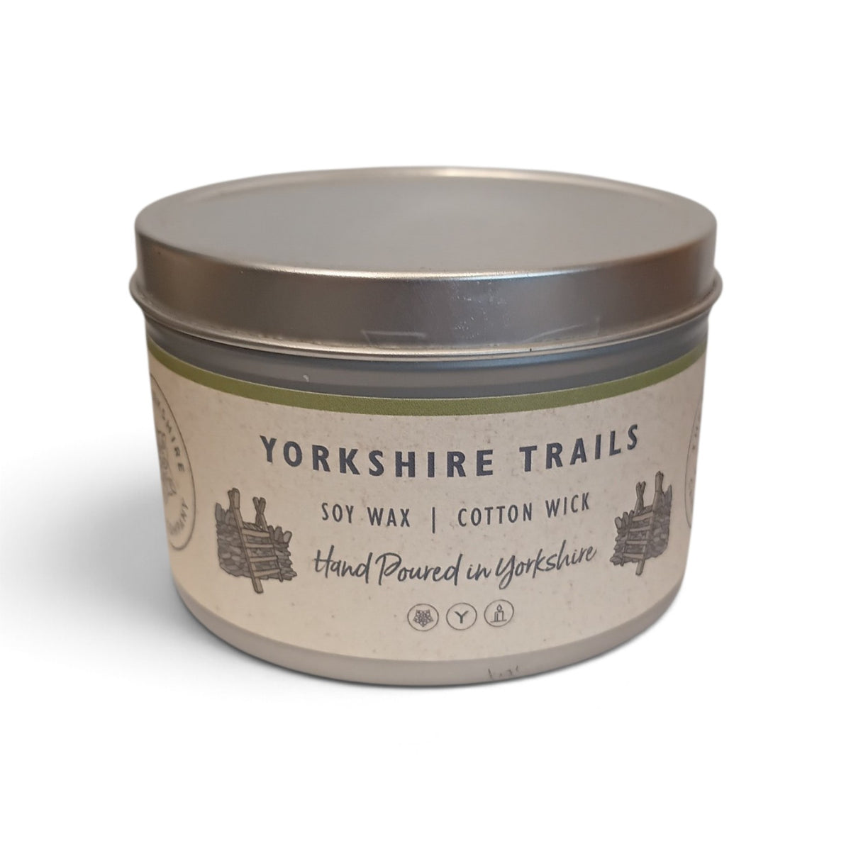 Whitby Hampers Yorkshire Trails hand-poured soy wax candle in a reusable silver metal tin with a cotton wick.