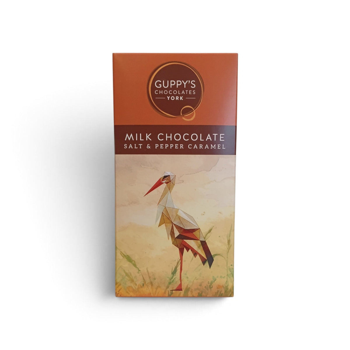 Whitby Hampers Guppy's Chocolates milk chocolate bar with salt and pepper caramel in artistic stork packaging