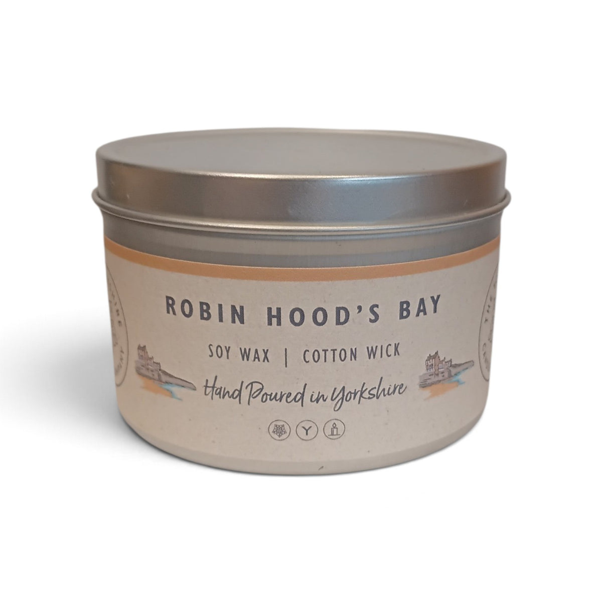 Whitby Hampers Robin Hood's Bay hand-poured soy wax candle in a sleek silver tin with a coastal-themed label