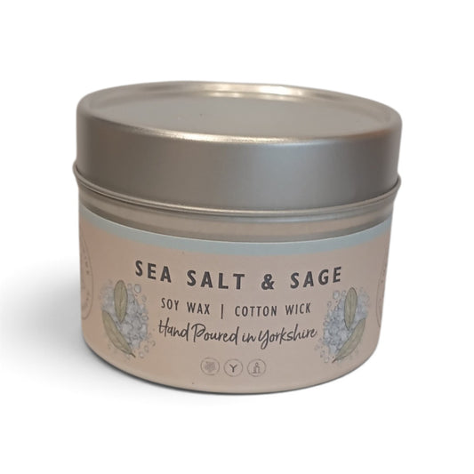 Whitby Hampers Sea Salt and Sage soy wax candle in a reusable silver metal tin, hand-poured in Yorkshire.