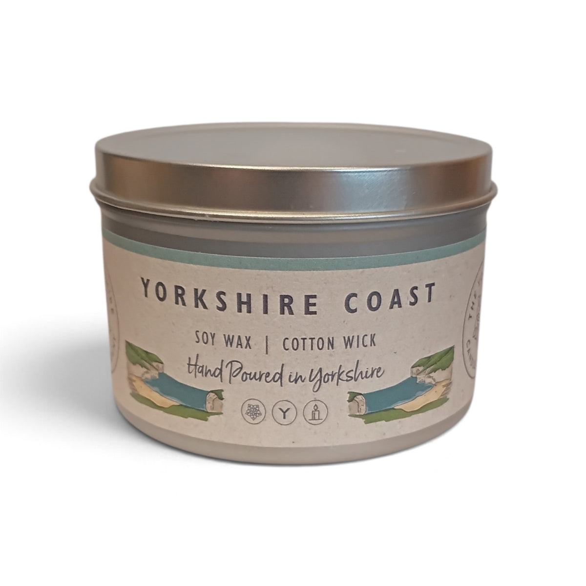 Whitby Hampers Yorkshire Coast hand-poured soy wax candle in a reusable silver metal tin with a rustic coastal label.