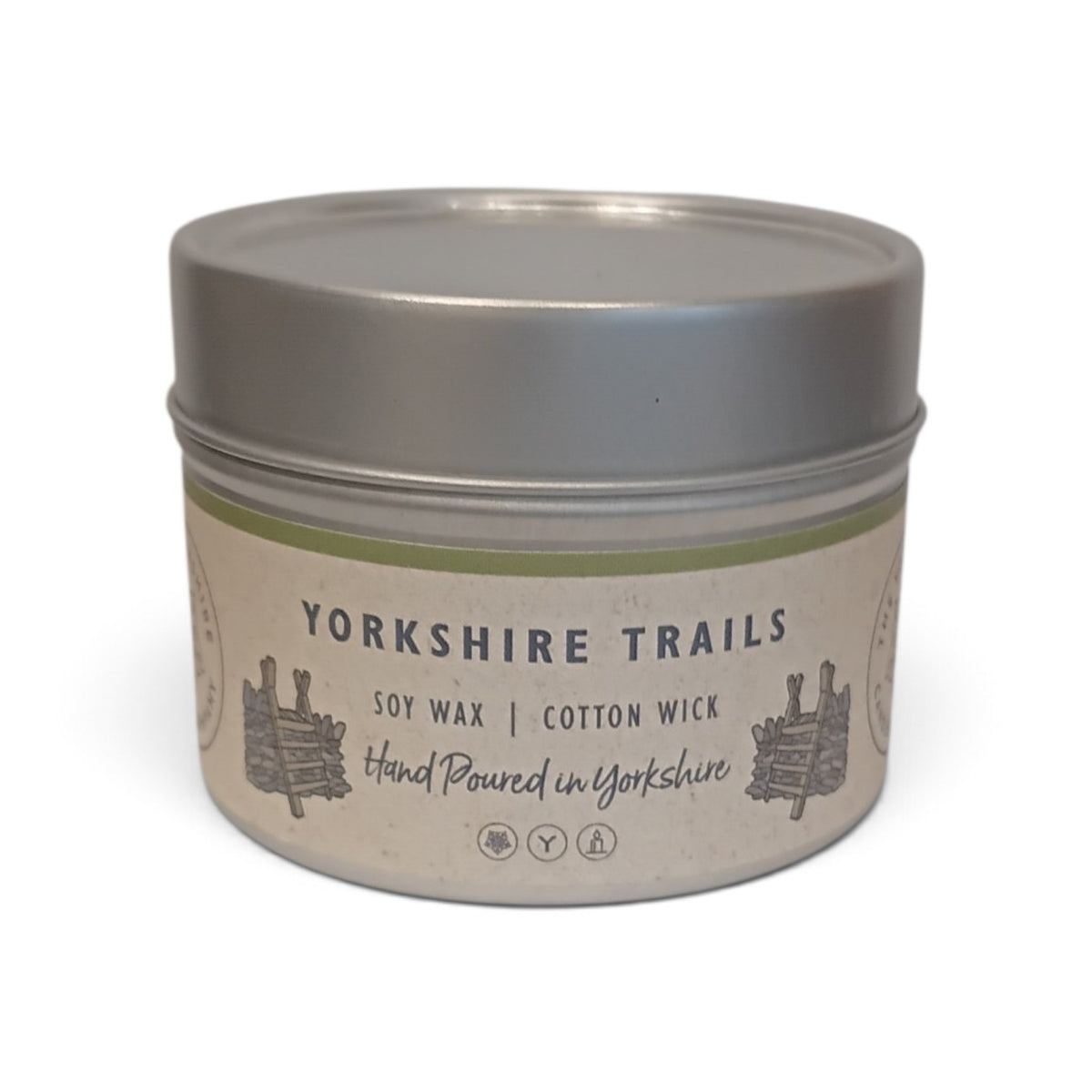 Whitby Hampers Yorkshire Trails hand-poured soy wax candle in a minimalist silver tin with a cotton wick